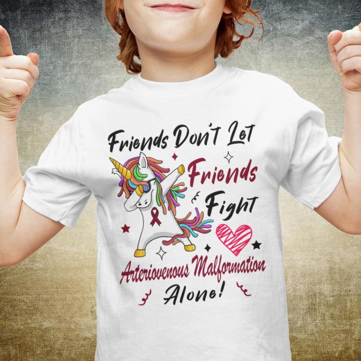 Friends Dont Let Friends Fight Arteriovenous Malformation Alone Unicorn Burgundy Ribbon Arteriovenous Malformation Support Arteriovenous Malformation Awareness Youth T-shirt