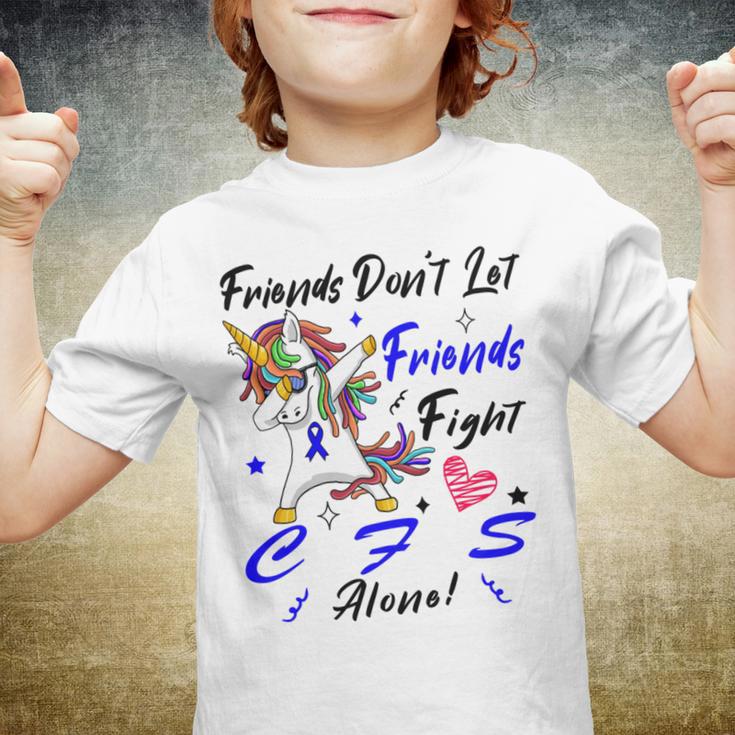 Friends Dont Let Friends Fight Chronic Fatigue Syndrome Cfs Alone Unicorn Blue Ribbon Chronic Fatigue Syndrome Support Cfs Awareness Youth T-shirt