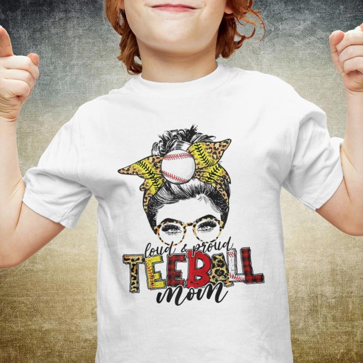 Teeball Mom Leopard Ball Mom Messy Hair Bun Mothers Day Youth T-shirt