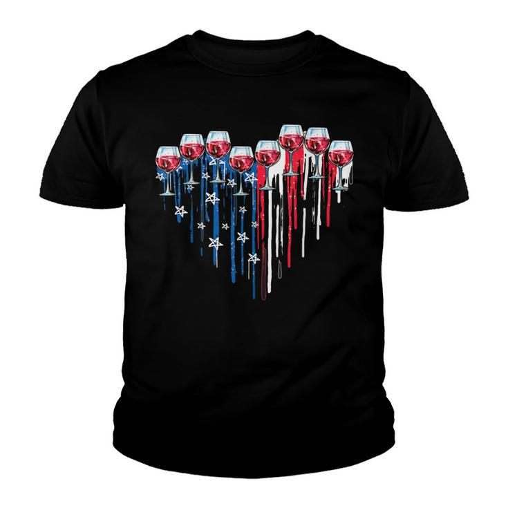 4Th Of July Wine Glasses Heart American Flag Patriotic  Youth T-shirt