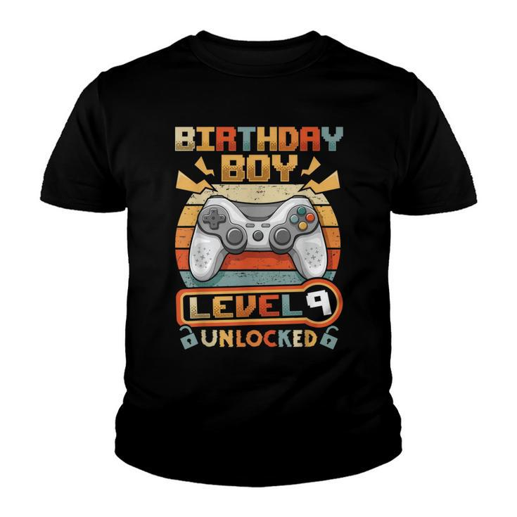 9Th Birthday Boy Vintage Video Gamer Level 9 Unlocked Boys  Youth T-shirt