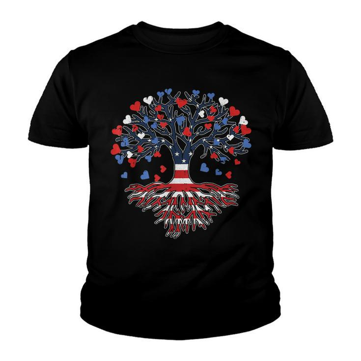 American Tree 4Th Of July Usa Flag Hearts Roots Patriotic  Youth T-shirt