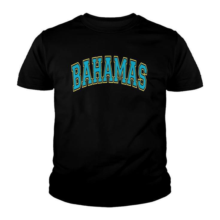 Bahamas Varsity Style Teal Text With Yellow Outline Youth T-shirt