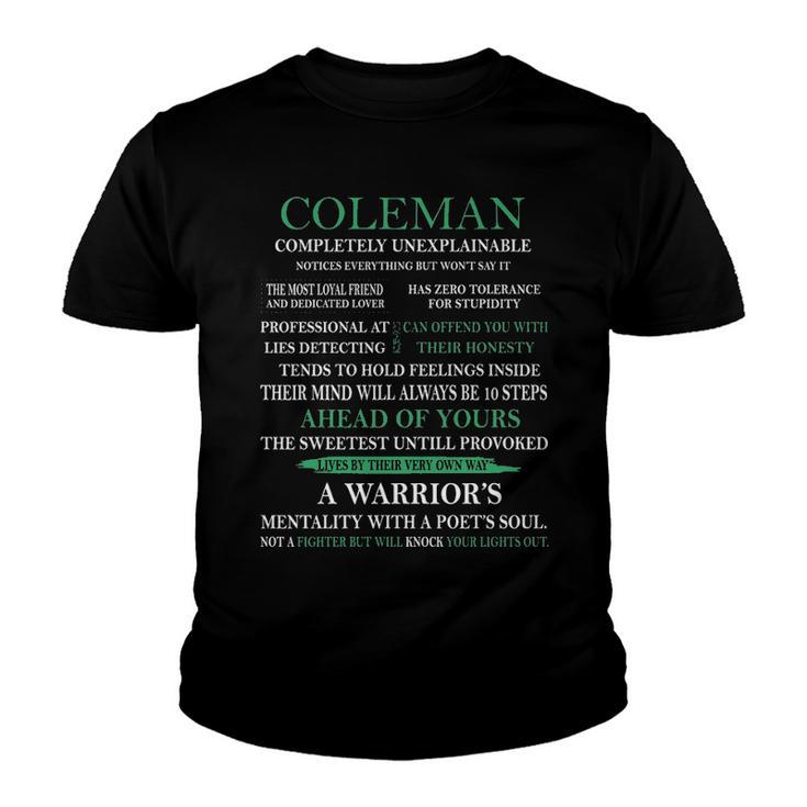 Coleman Name Gift   Coleman Completely Unexplainable Youth T-shirt