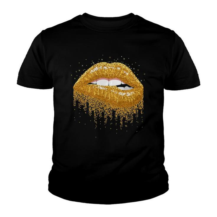 Cool Lips Bite Kiss Me -Gold Sparkle- Sexy Lips Gift Youth T-shirt
