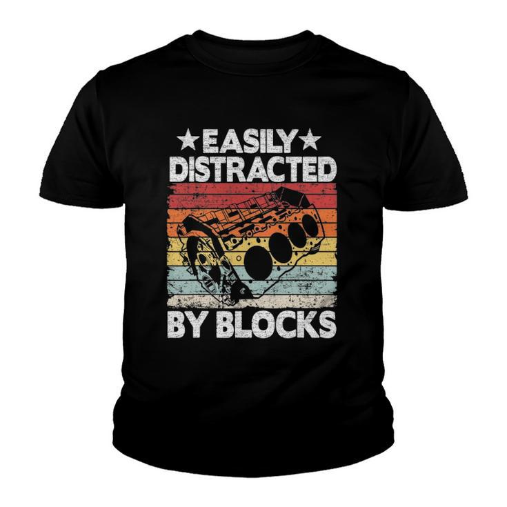 Easily Distracted By Blocks Racing Car Parts Funny Mechanic Youth T-shirt