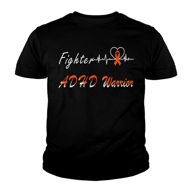 Fighter Adhd Warrior Heartbeat  Orange Ribbon  Attention Deficit Hyperactivity Disorder  Adhd Awareness Youth T-shirt