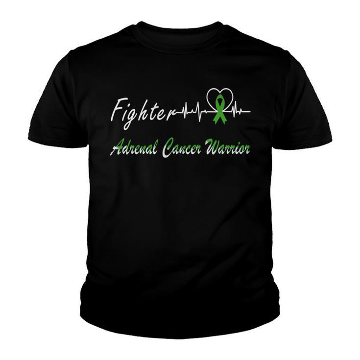 Fighter Adrenal Cancer Warrior Heartbeat  Green Ribbon  Adrenal Cancer  Adrenal Cancer Awareness Youth T-shirt