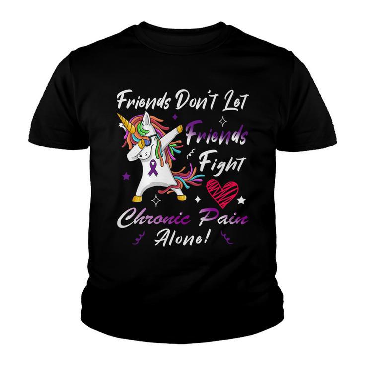 Friends Dont Let Friends Fight Chronic Pain Alone  Unicorn Purple Ribbon  Chronic Pain Support  Chronic Pain Awareness Youth T-shirt