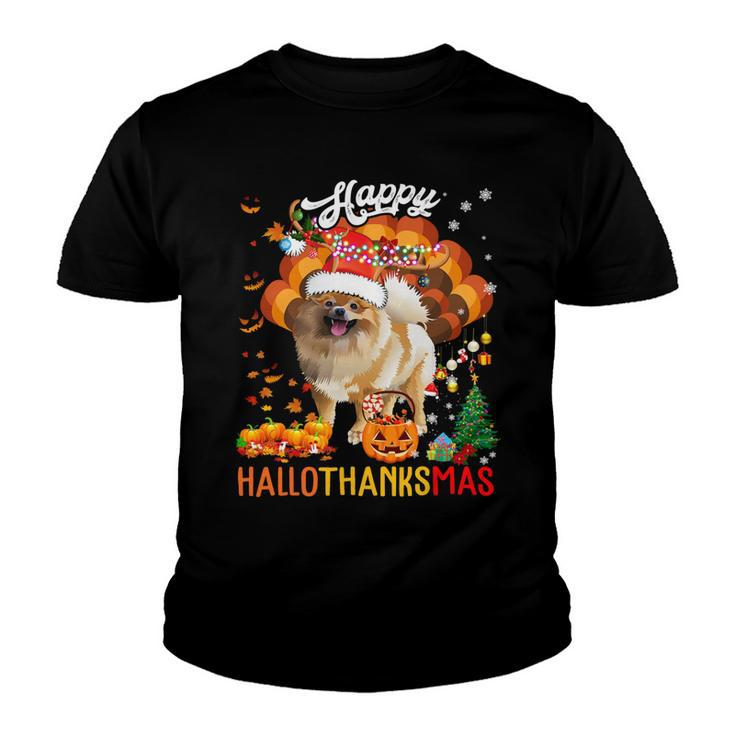 Hallothanksmas Santa Turkey Pumpkin Pomeranian Dog T-Shirt Youth T-shirt