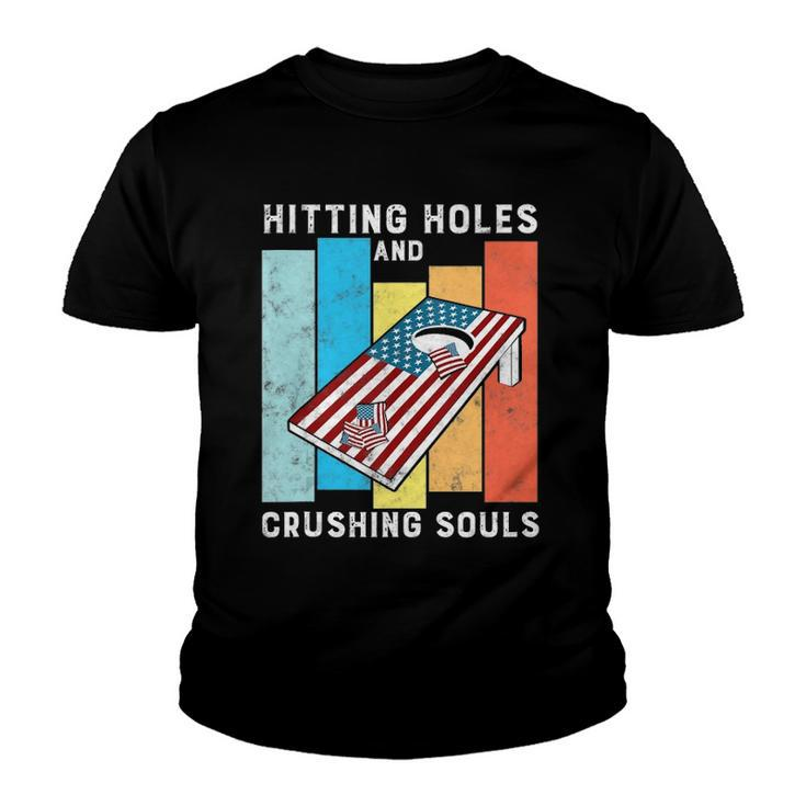 Hitting Holes And Crushing Souls Funny Retro Style Cornhole Youth T-shirt
