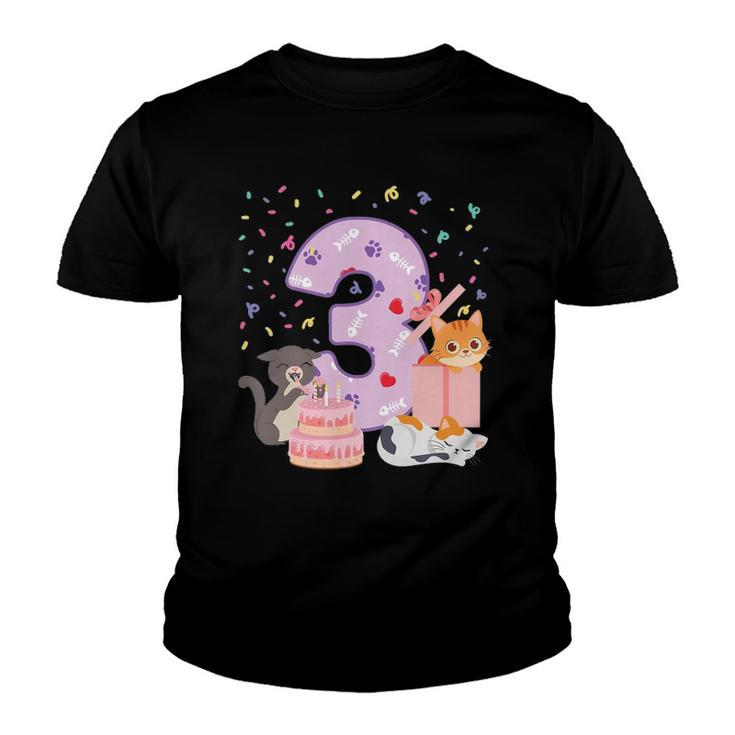 Kids 3Rd Birthday Girl Cute Cat Outfit 3 Years Old Bday Party Youth T-shirt