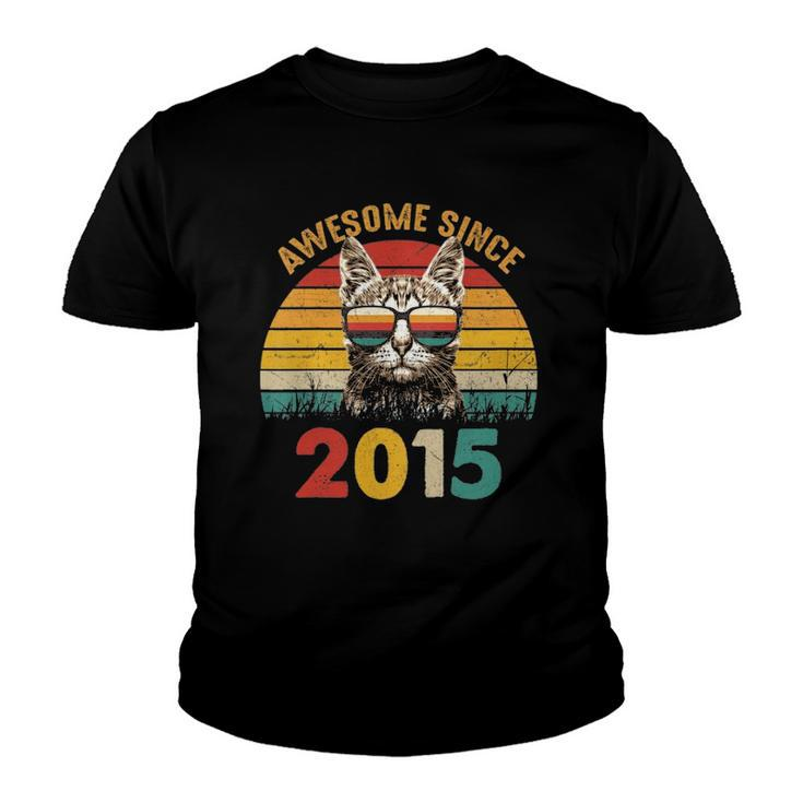 Kids 7Th Birthday Gift Retro Sunset Awesome Since 2015 Cat Lover Youth T-shirt
