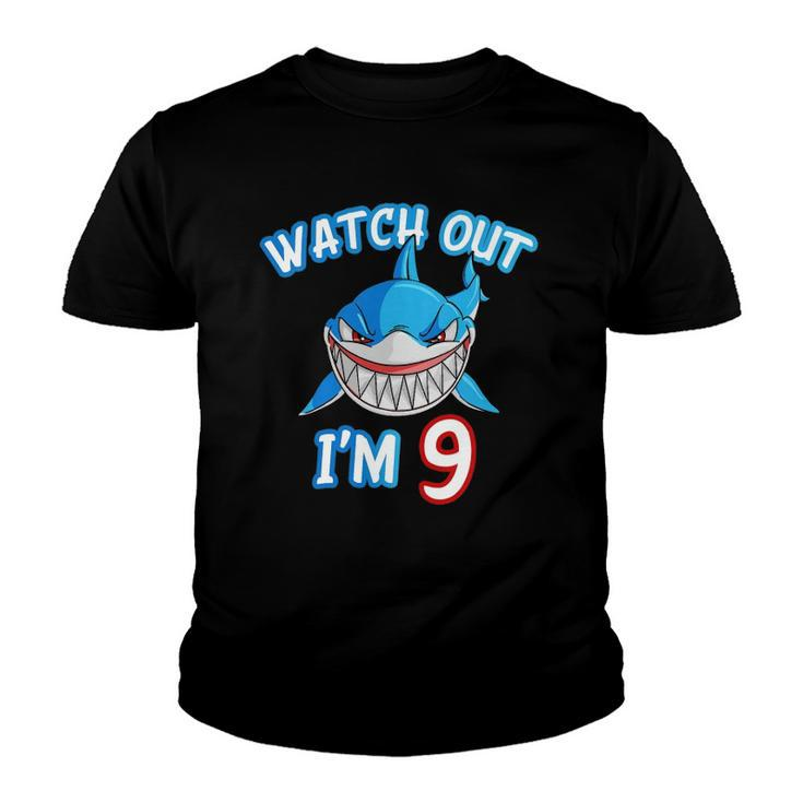 Kids 9 Years Old Boy Watch Out Shark  9Th Birthday Tee Youth T-shirt