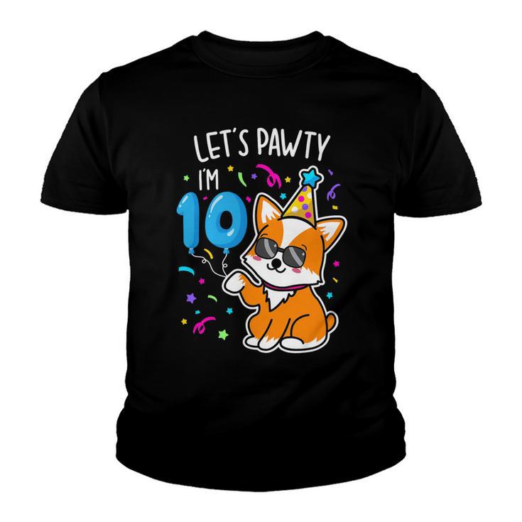 Lets Pawty Im 10Th Birthday Corgi 10 Years Old Birthday Youth T-shirt