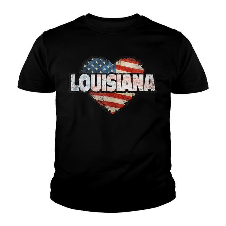 Louisiana Fourth Of July  Heart American Flag Patriotic Youth T-shirt