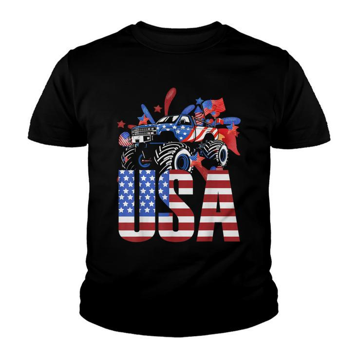 Monster Truck Toddler Boys Usa American Flag July 4Th  Youth T-shirt