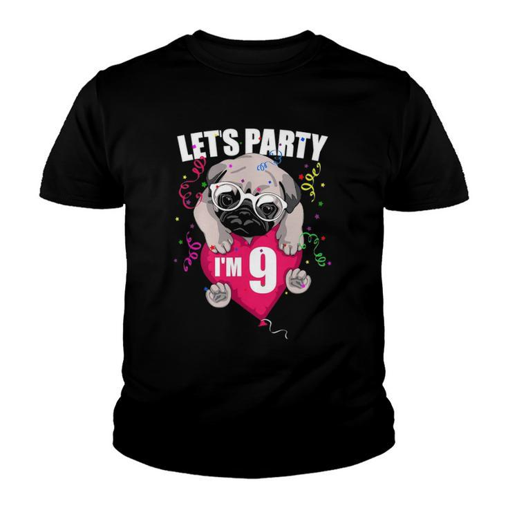 Pug Birthday Im Nine Lets Party 9Th Bday Cute Dog Flying Youth T-shirt