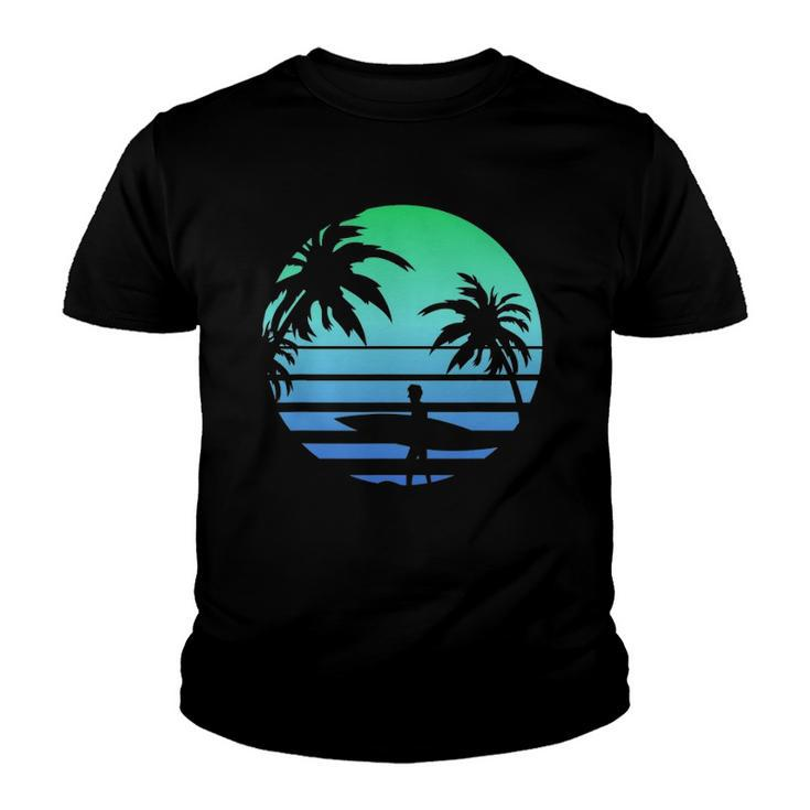Retro Water Sport Surfboard Palm Tree Sea Tropical Surfing Youth T-shirt