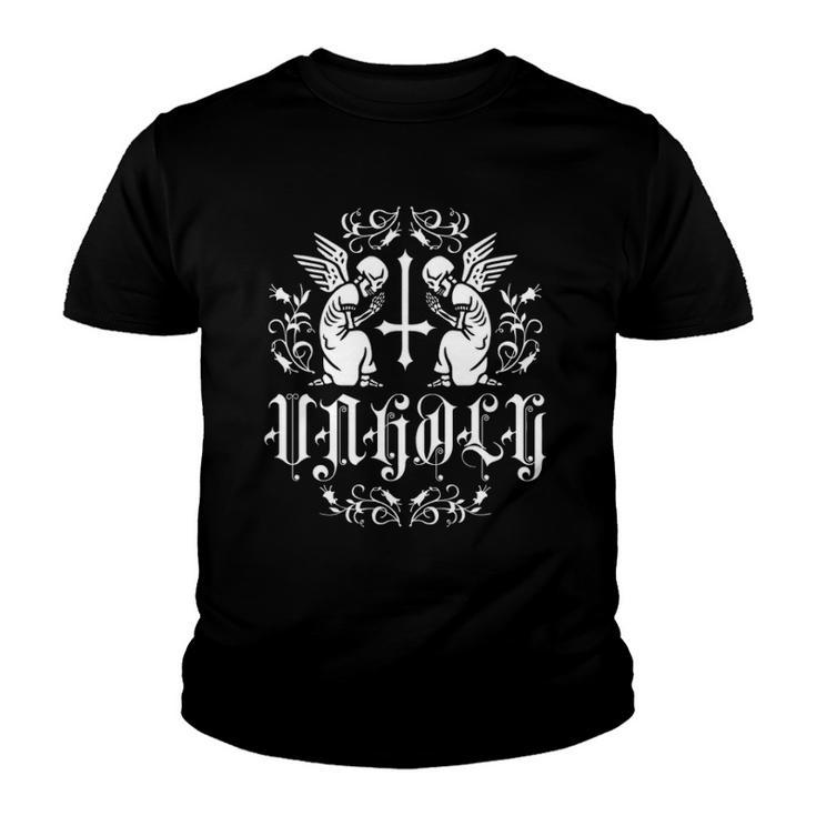 Unholy Praying Skeletons With Inverted Upside Down Cross Youth T-shirt
