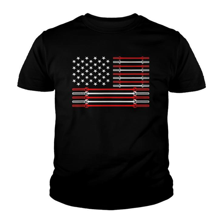 Us Flag Barbells Weightlifting Patriotic Gym Workout Youth T-shirt