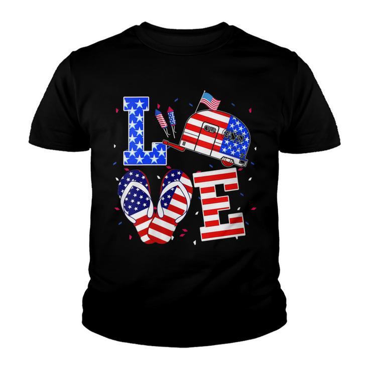Womens Love Camping Flip Flop Usa Flag 4Th Of July Camper Patriotic  Youth T-shirt