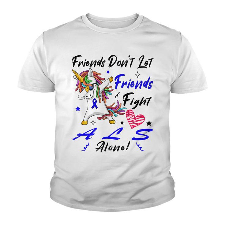 Friends Dont Let Friends Fight Als Alone Unicorn Blue Ribbon Amyotrophic Lateral Sclerosis Support Als Awareness Youth T-shirt