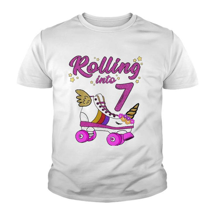 Rolling Into 7Th Birthday  Unicorn Roller Skate Party Youth T-shirt