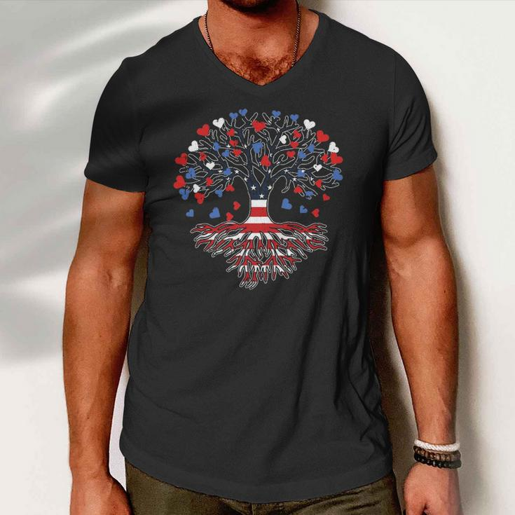 American Tree 4Th Of July Usa Flag Hearts Roots Patriotic Men V-Neck Tshirt