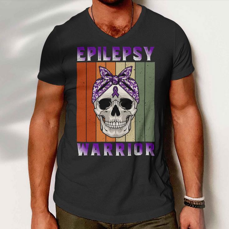 Epilepsy Warrior Skull Women Vintage Purple Ribbon Epilepsy Epilepsy Awareness Men V-Neck Tshirt