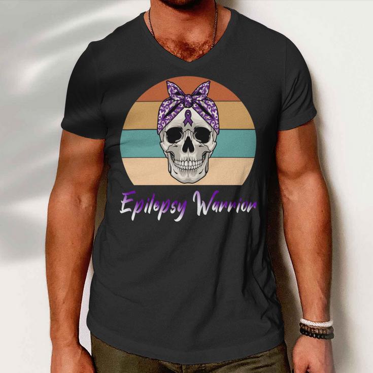 Epilepsy Warrior Skull Women Vintage Purple Ribbon Epilepsy Epilepsy Awareness V2 Men V-Neck Tshirt