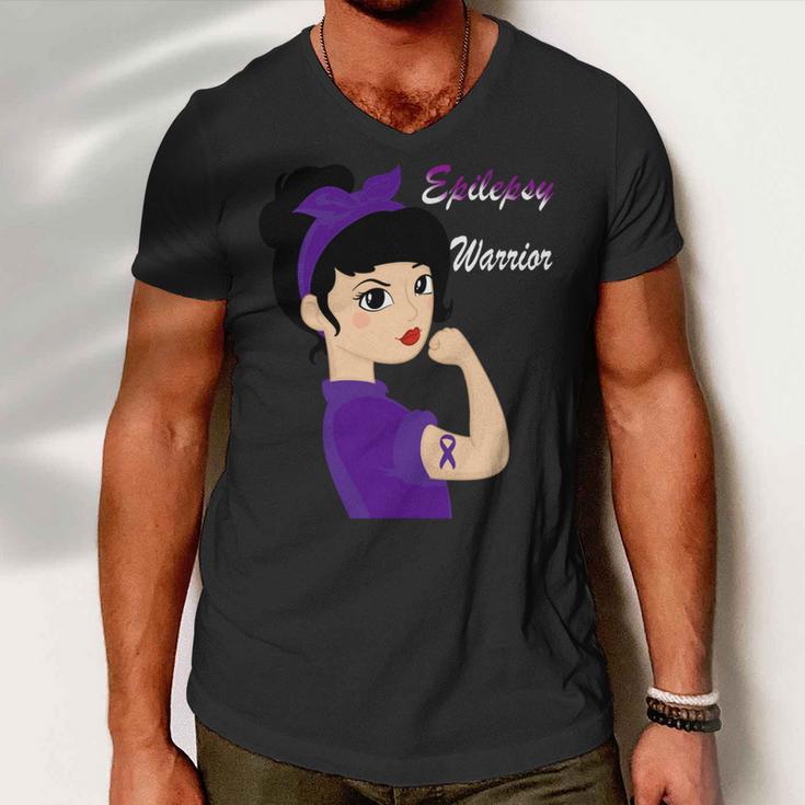 Epilepsy Warrior Strong Women Purple Ribbon Epilepsy Epilepsy Awareness V2 Men V-Neck Tshirt