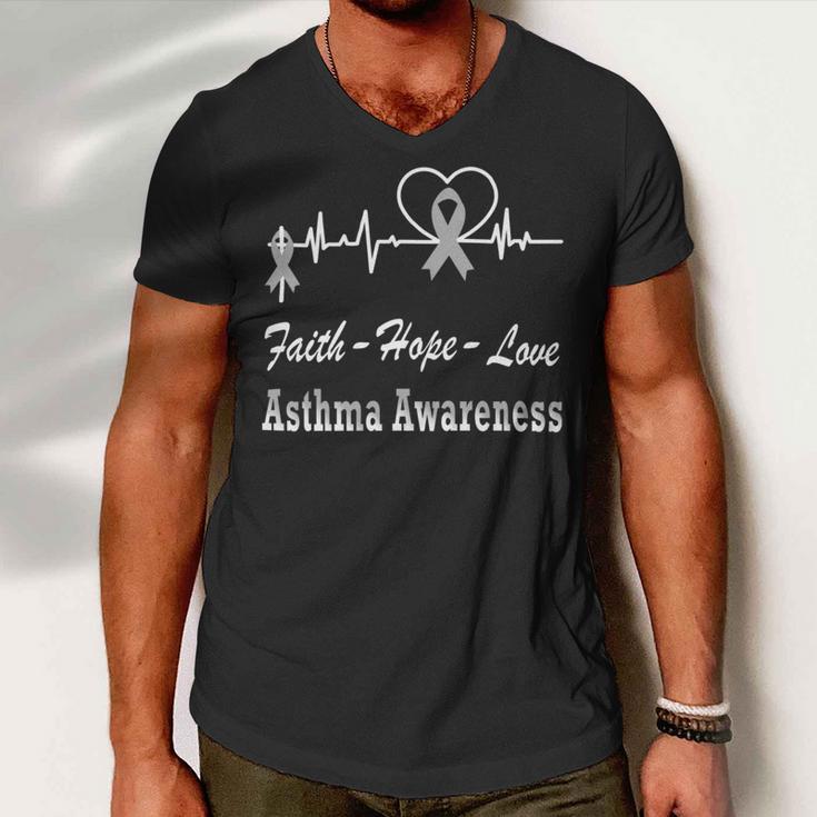 Faith Hope Love Asthma Awareness Heartbeat Christian Cross Grey Ribbon Asthma Asthma Awareness Men V-Neck Tshirt