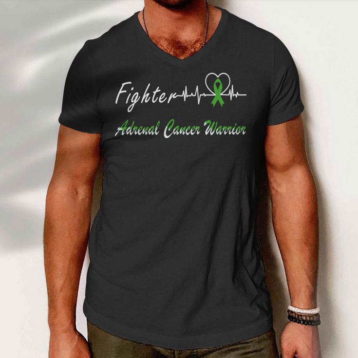 Fighter Adrenal Cancer Warrior Heartbeat Green Ribbon Adrenal Cancer Adrenal Cancer Awareness Men V-Neck Tshirt