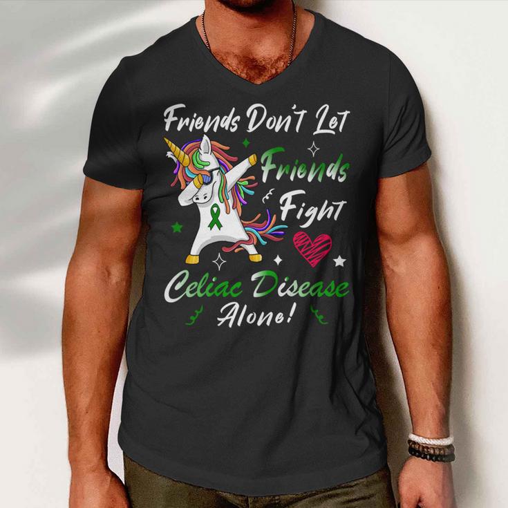 Friends Dont Let Friends Fight Celiac Disease Alone Unicorn Green Ribbon Celiac Disease Celiac Disease Awareness Men V-Neck Tshirt