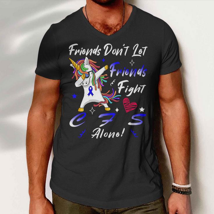 Friends Dont Let Friends Fight Chronic Fatigue Syndrome Cfs Alone Unicorn Blue Ribbon Chronic Fatigue Syndrome Support Cfs Awareness V2 Men V-Neck Tshirt