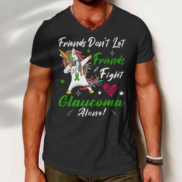 Friends Dont Let Friends Fight Glaucoma Alone Unicorn Green Ribbon Glaucoma Glaucoma Awareness Men V-Neck Tshirt