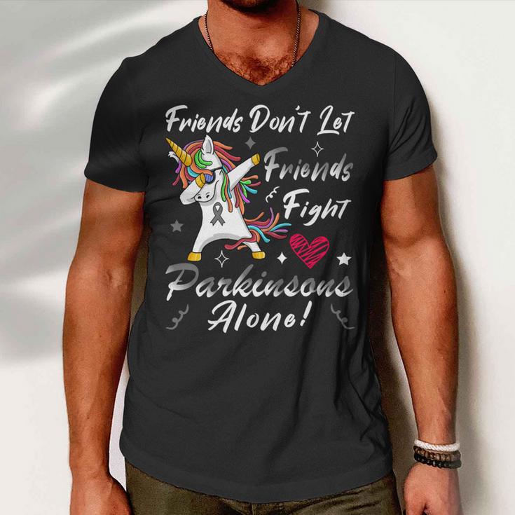 Friends Dont Let Friends Fight Parkinsons Alone Grey Ribbon Parkinsons Parkinsons Awareness Men V-Neck Tshirt