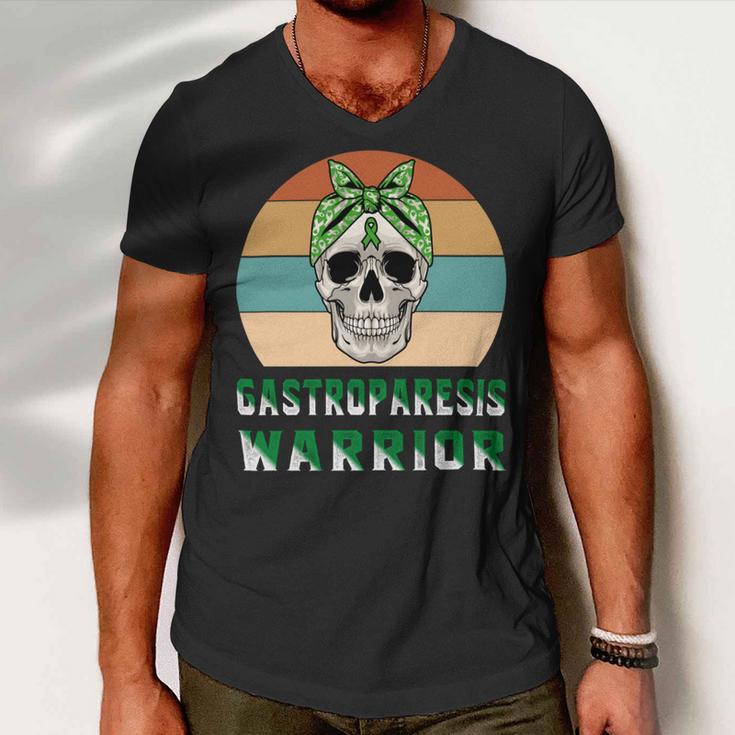 Gastroparesis Warrior Skull Women Vintage Green Ribbon Gastroparesis Gastroparesis Awareness Men V-Neck Tshirt