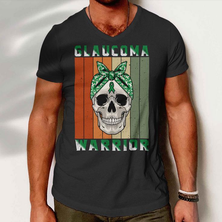 Glaucoma Warrior Skull Women Vintage Green Ribbon Glaucoma Glaucoma Awareness Men V-Neck Tshirt