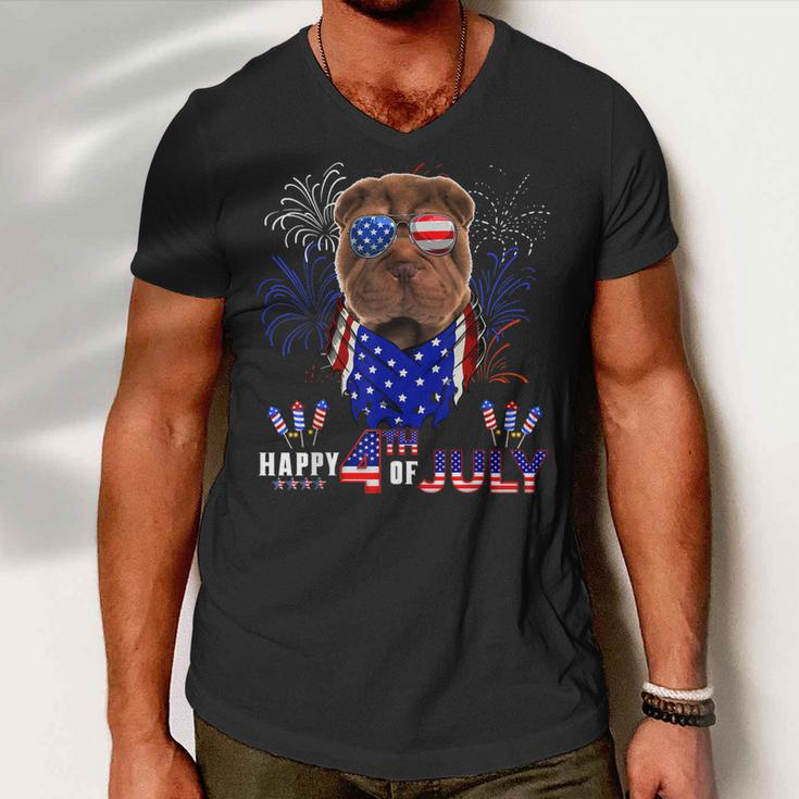 Happy 4Th Of July American Flag Shar Pei Sunglasses Men V-Neck Tshirt