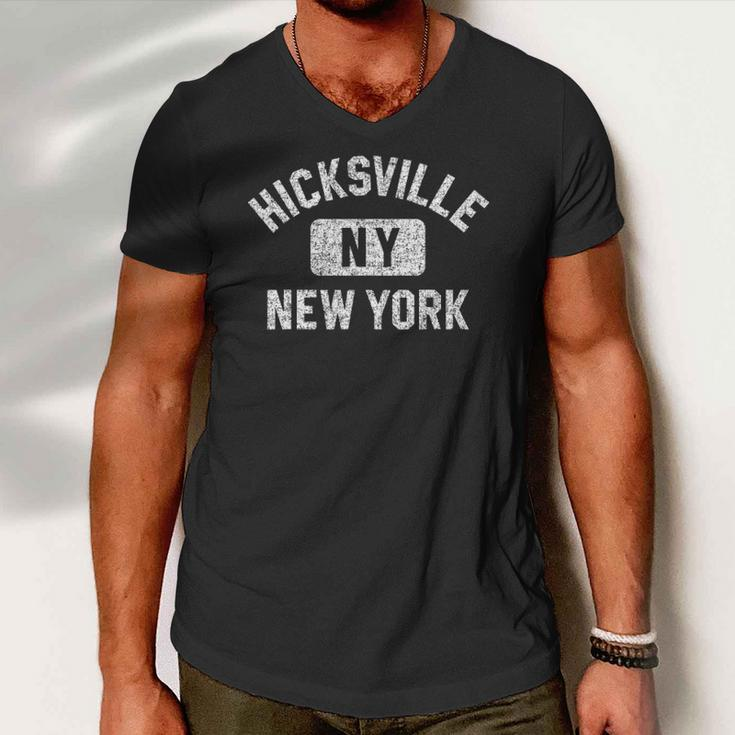 Hicksville Ny New York Gym Style Distressed White Print Men V-Neck Tshirt