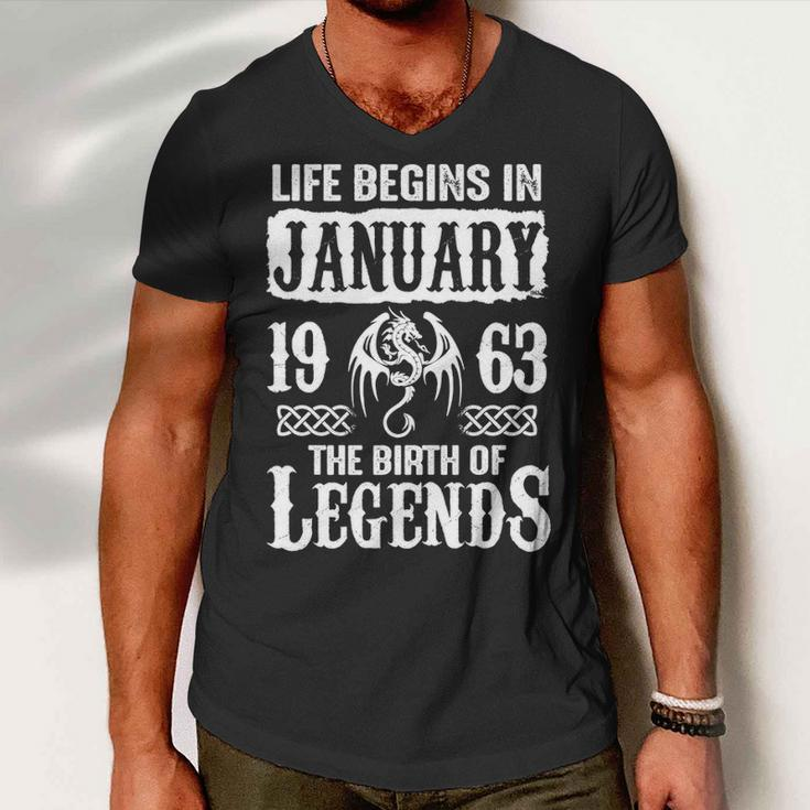 January 1963 Birthday Life Begins In January 1963 Men V-Neck Tshirt