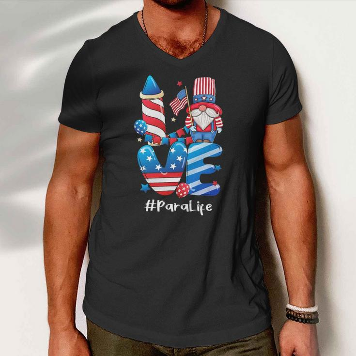 Love Para Life Gnome Usa Flag 4Th Of July Patriotic Men V-Neck Tshirt