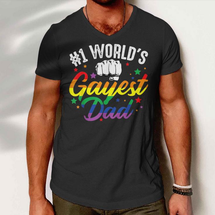 Mens 1 Worlds Gayest Dad Funny Fathers Day Lgbt Pride Rainbow 14 Shirt Men V-Neck Tshirt