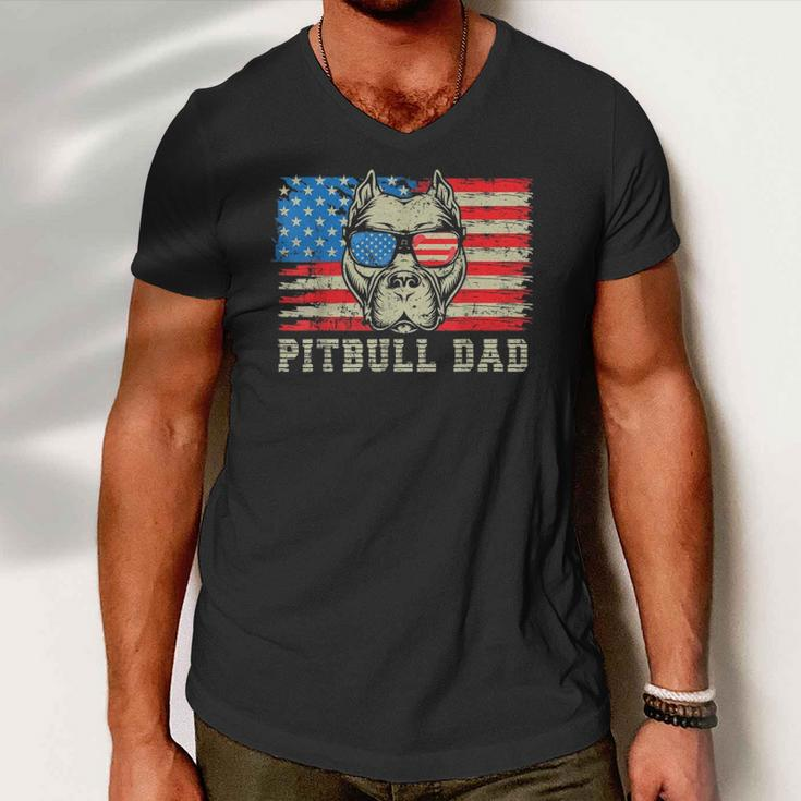 Mens Pitbull Dad American Pit Bull Dog Us Flag 4Th Of July Men V-Neck Tshirt
