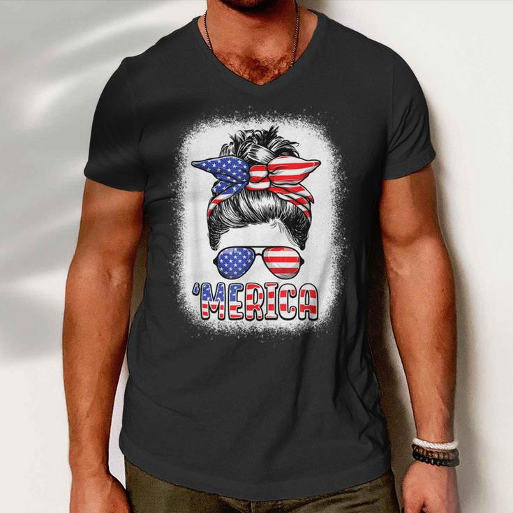 Merica Messy Bun Women Girls American Flag Usa 4Th Of July Men V-Neck Tshirt