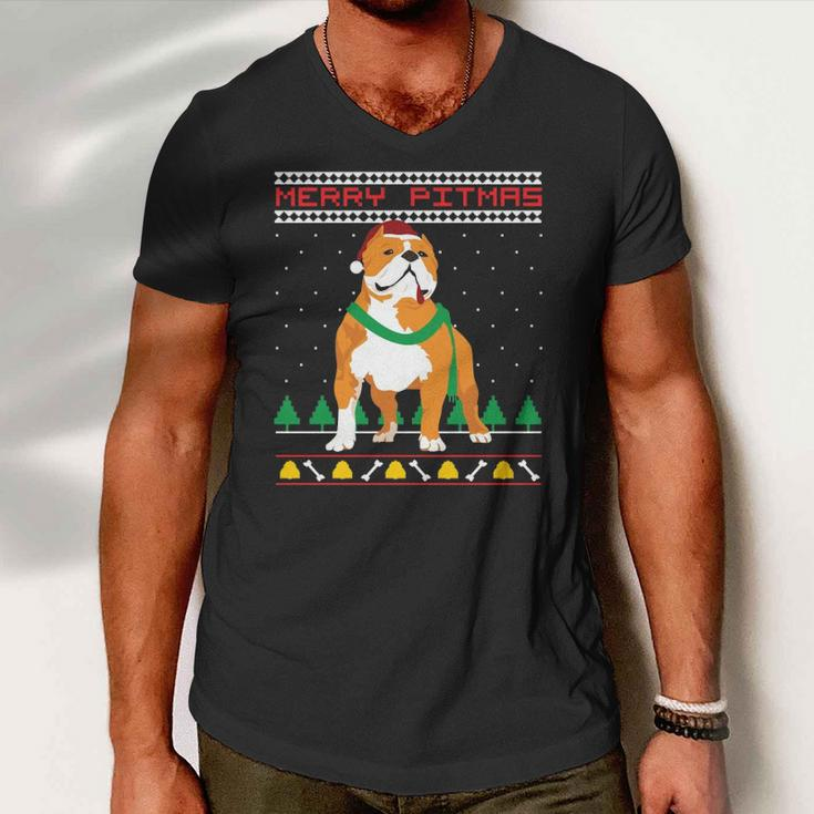 Merry Pitmas Pitbull Santa Claus Dog Ugly Christmas Men V-Neck Tshirt