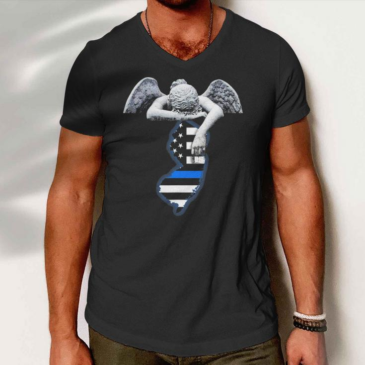 New Jersey Thin Blue Line Flag And Angel For Law Enforcement Men V-Neck Tshirt