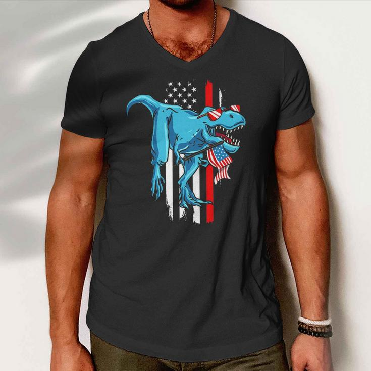 Patriotic 4Th Of July Kids Boys Dinosaurrex American Flag Men V-Neck Tshirt